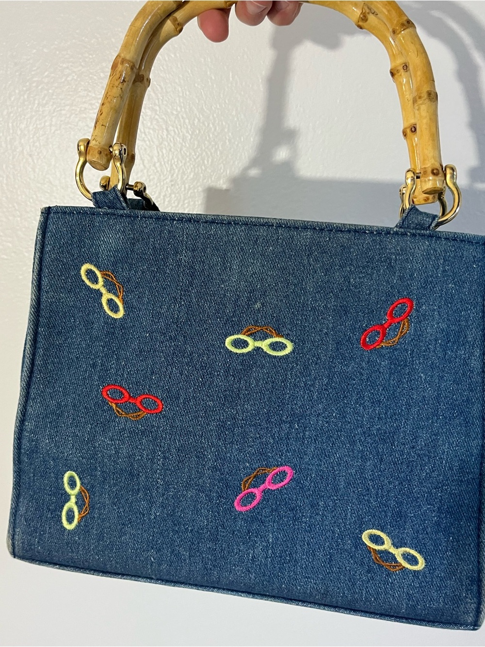 Denim Embroidered Glasses Satchel with Bamboo Handle Colorful - Picture 2 of 13